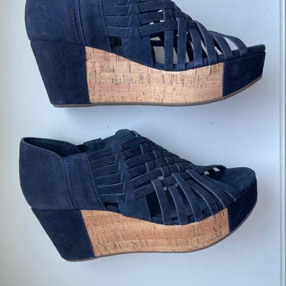 Chocolat Blu Navy Suede Woven Wedge Shoes Size 8 - Picture 2 of 5